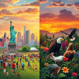 A visual representation of the contrasting themes of American culture and biology, featuring a split scene