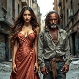 A beautiful woman with long, flowing hair and captivating features, wearing a stunning, elegant dress that exudes confidence, standing next to a poor man with a kind expression, dressed in simple, worn-out clothes that reflect his struggles