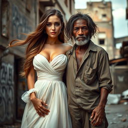 A beautiful woman with long, flowing hair and captivating features, wearing a stunning, elegant dress that exudes confidence, standing next to a poor man with a kind expression, dressed in simple, worn-out clothes that reflect his struggles