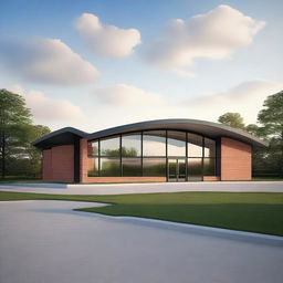 Create an image of a modern 100ftx200ft hall's exterior, featuring arc-style roofing, an arc roof portico, and a parking area at the front