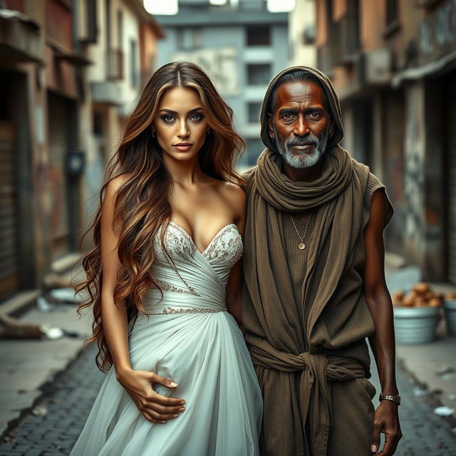 A beautiful woman with long, flowing hair and captivating features, wearing a stunning, elegant dress that exudes confidence, standing next to a poor man with a kind expression, dressed in simple, worn-out clothes that reflect his struggles