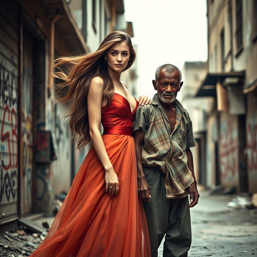 A beautiful woman with long, flowing hair and captivating features, wearing a stunning, elegant dress that exudes confidence, standing next to a poor man with a kind expression, dressed in simple, worn-out clothes that reflect his struggles