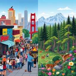 An insightful depiction contrasting American culture with biology, featuring a split-screen layout