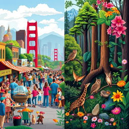An insightful depiction contrasting American culture with biology, featuring a split-screen layout