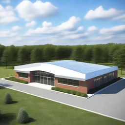 Create an image of a modern 100ftx200ft hall's exterior, featuring arc-style roofing, an arc roof portico, and a parking area at the front