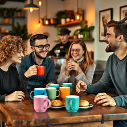 A cozy coffee shop setting with a group of four friends enjoying a lively conversation