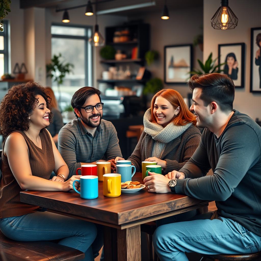 A cozy coffee shop setting with a group of four friends enjoying a lively conversation