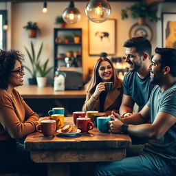 A cozy coffee shop setting with a group of four friends enjoying a lively conversation