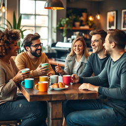 A cozy coffee shop setting with a group of four friends enjoying a lively conversation