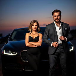 A petite woman with light brown hair, styled in a relaxed yet devilish manner, confidently standing next to a sophisticated man with dark brown hair and a light beard, dressed elegantly