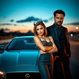A petite woman with light brown hair, styled in a relaxed yet devilish manner, confidently standing next to a sophisticated man with dark brown hair and a light beard, dressed elegantly