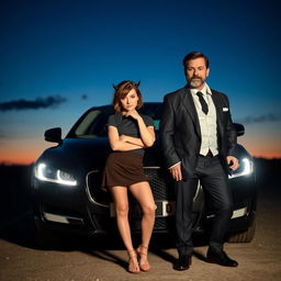 A petite woman with light brown hair, styled in a relaxed yet devilish manner, confidently standing next to a sophisticated man with dark brown hair and a light beard, dressed elegantly