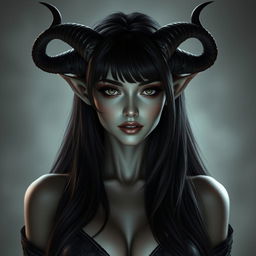 A stunning femme fatale character inspired by the devil from Dungeons & Dragons, featuring grey skin that gives her an otherworldly appearance