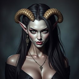 A stunning femme fatale character inspired by the devil from Dungeons & Dragons, featuring grey skin that gives her an otherworldly appearance