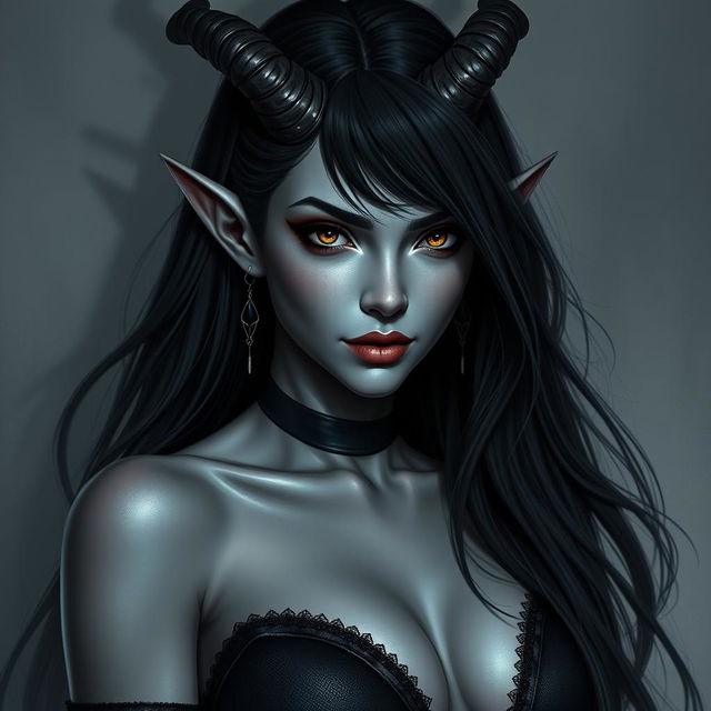 A stunning femme fatale character inspired by the devil from Dungeons & Dragons, featuring grey skin that gives her an otherworldly appearance