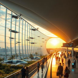 A stunning futuristic airport design showcasing advanced architecture with sleek, aerodynamic lines