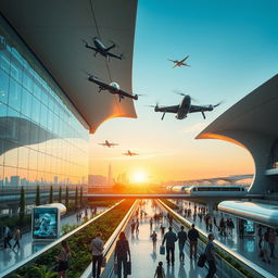 A stunning futuristic airport design showcasing advanced architecture with sleek, aerodynamic lines