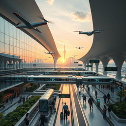 A stunning futuristic airport design showcasing advanced architecture with sleek, aerodynamic lines
