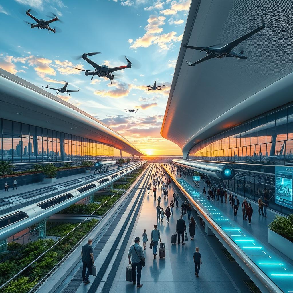 A stunning futuristic airport design showcasing advanced architecture with sleek, aerodynamic lines