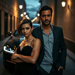A petite young woman, 27 years old, with light brown hair styled in a relaxed yet devilish manner, confidently standing next to an elegant man, 45 years old, with dark brown hair and a light beard