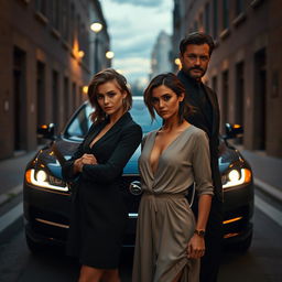 A petite young woman, 27 years old, with light brown hair styled in a relaxed yet devilish manner, confidently standing next to an elegant man, 45 years old, with dark brown hair and a light beard