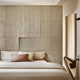 A 6x6 bedroom with intricate ceramic wall designs, giving off a sophisticated and elegant vibe