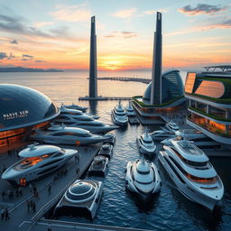 A visionary futuristic seaport featuring sleek, modern architecture with transparent domes and tall, streamlined towers
