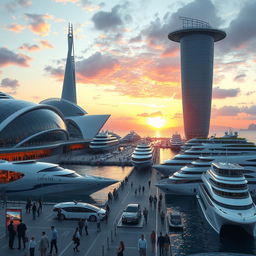 A visionary futuristic seaport featuring sleek, modern architecture with transparent domes and tall, streamlined towers