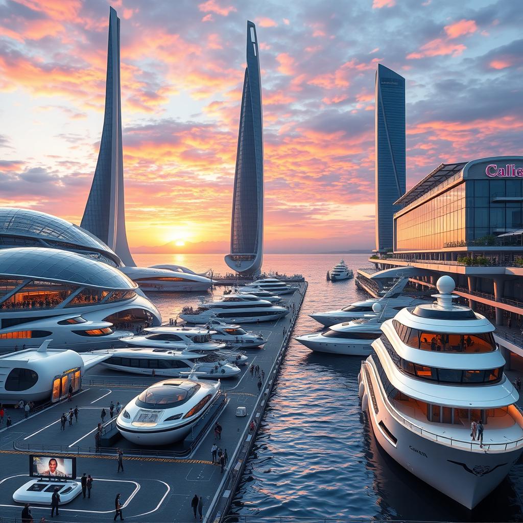 A visionary futuristic seaport featuring sleek, modern architecture with transparent domes and tall, streamlined towers