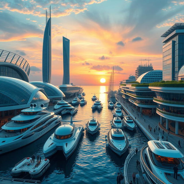 A visionary futuristic seaport featuring sleek, modern architecture with transparent domes and tall, streamlined towers