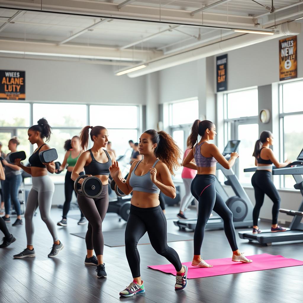 A dynamic scene inside a modern gym filled with women engaged in various fitness activities