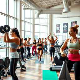 A dynamic scene inside a modern gym filled with women engaged in various fitness activities
