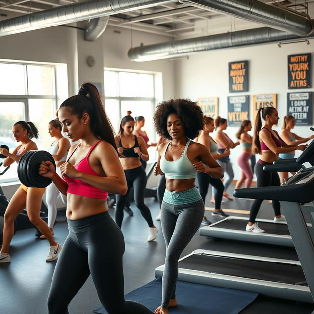 A dynamic scene inside a modern gym filled with women engaged in various fitness activities