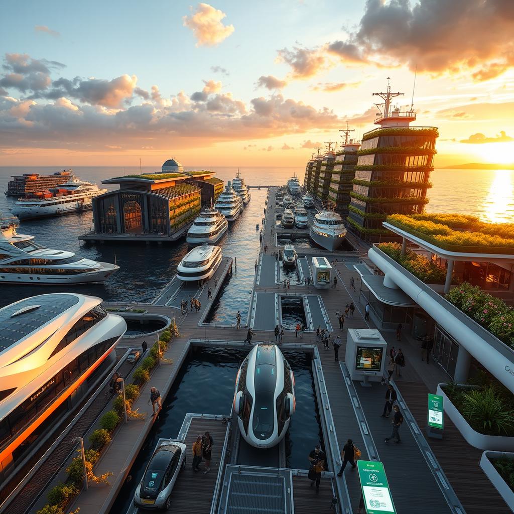 A breathtaking futuristic sustainable seaport featuring innovative eco-friendly architecture with green roofs and vertical gardens on the buildings