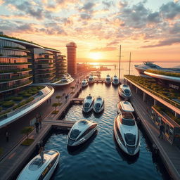 A breathtaking futuristic sustainable seaport featuring innovative eco-friendly architecture with green roofs and vertical gardens on the buildings