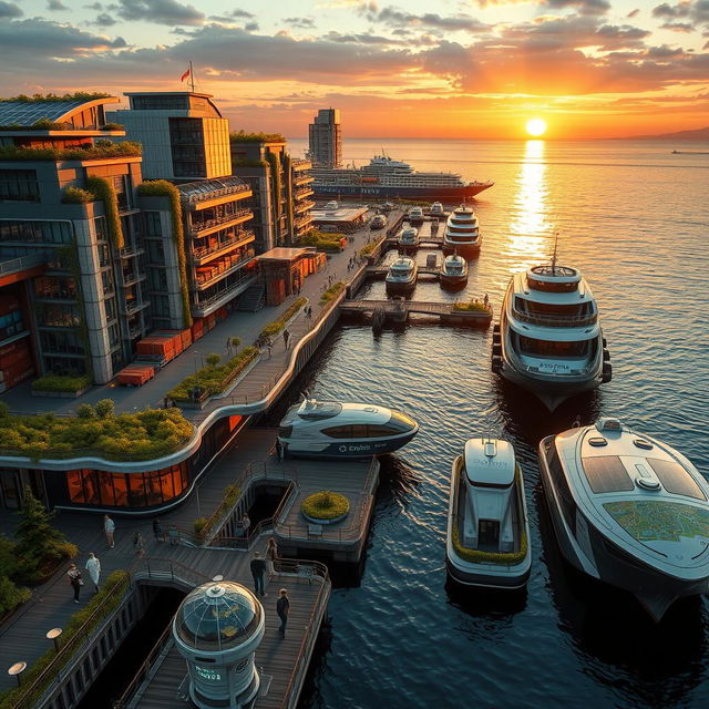 A breathtaking futuristic sustainable seaport featuring innovative eco-friendly architecture with green roofs and vertical gardens on the buildings