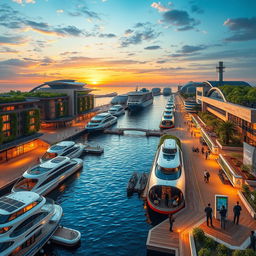 A breathtaking futuristic sustainable seaport featuring innovative eco-friendly architecture with green roofs and vertical gardens on the buildings