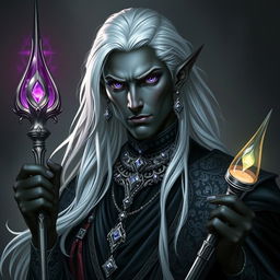 A striking portrayal of a nobleman who is a drow half-elf warlock, showcasing his unique heritage