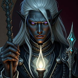 A striking portrayal of a nobleman who is a drow half-elf warlock, showcasing his unique heritage