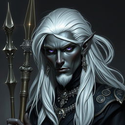 A striking portrayal of a nobleman who is a drow half-elf warlock, showcasing his unique heritage