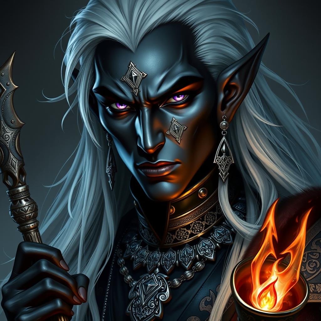 A striking portrayal of a nobleman who is a drow half-elf warlock, showcasing his unique heritage