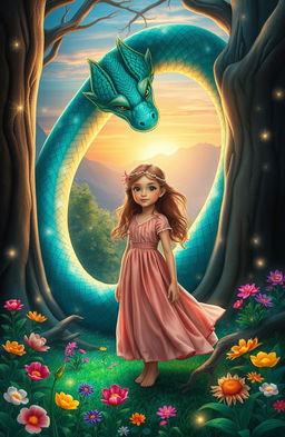 A whimsical fairytale scene featuring a young girl in a flowing dress surrounded by vibrant, enchanted forest