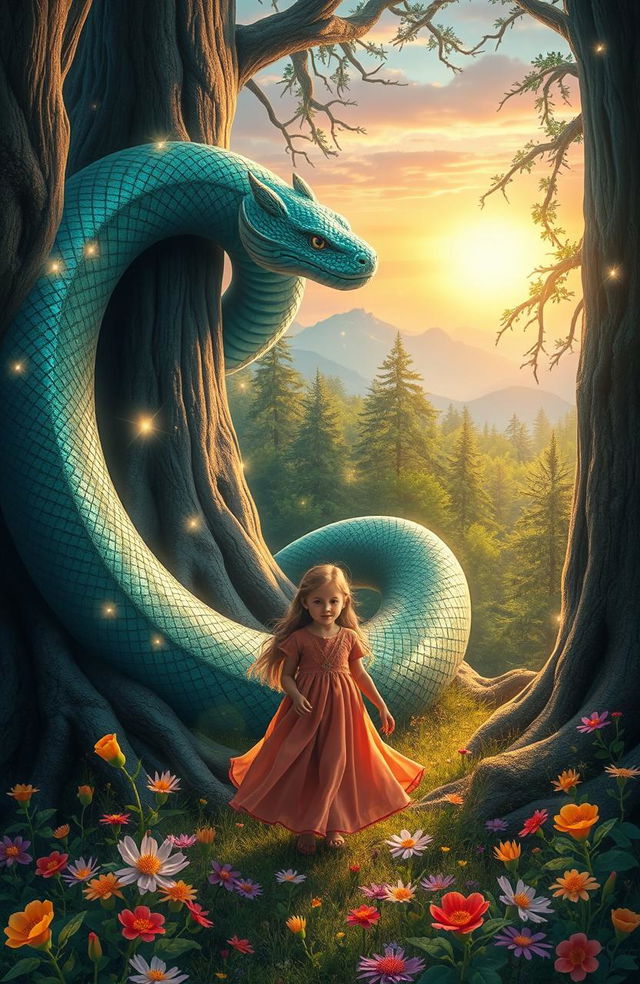 A whimsical fairytale scene featuring a young girl in a flowing dress surrounded by vibrant, enchanted forest