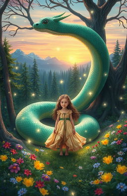A whimsical fairytale scene featuring a young girl in a flowing dress surrounded by vibrant, enchanted forest