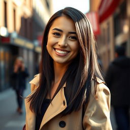 A beautiful 25-year-old woman with straight dark hair wearing a stylish trench coat, smiling brightly