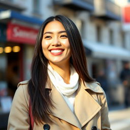 A beautiful 25-year-old woman with straight dark hair wearing a stylish trench coat, smiling brightly