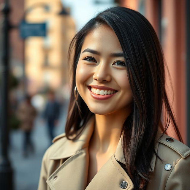 A beautiful 25-year-old woman with straight dark hair wearing a stylish trench coat, smiling brightly