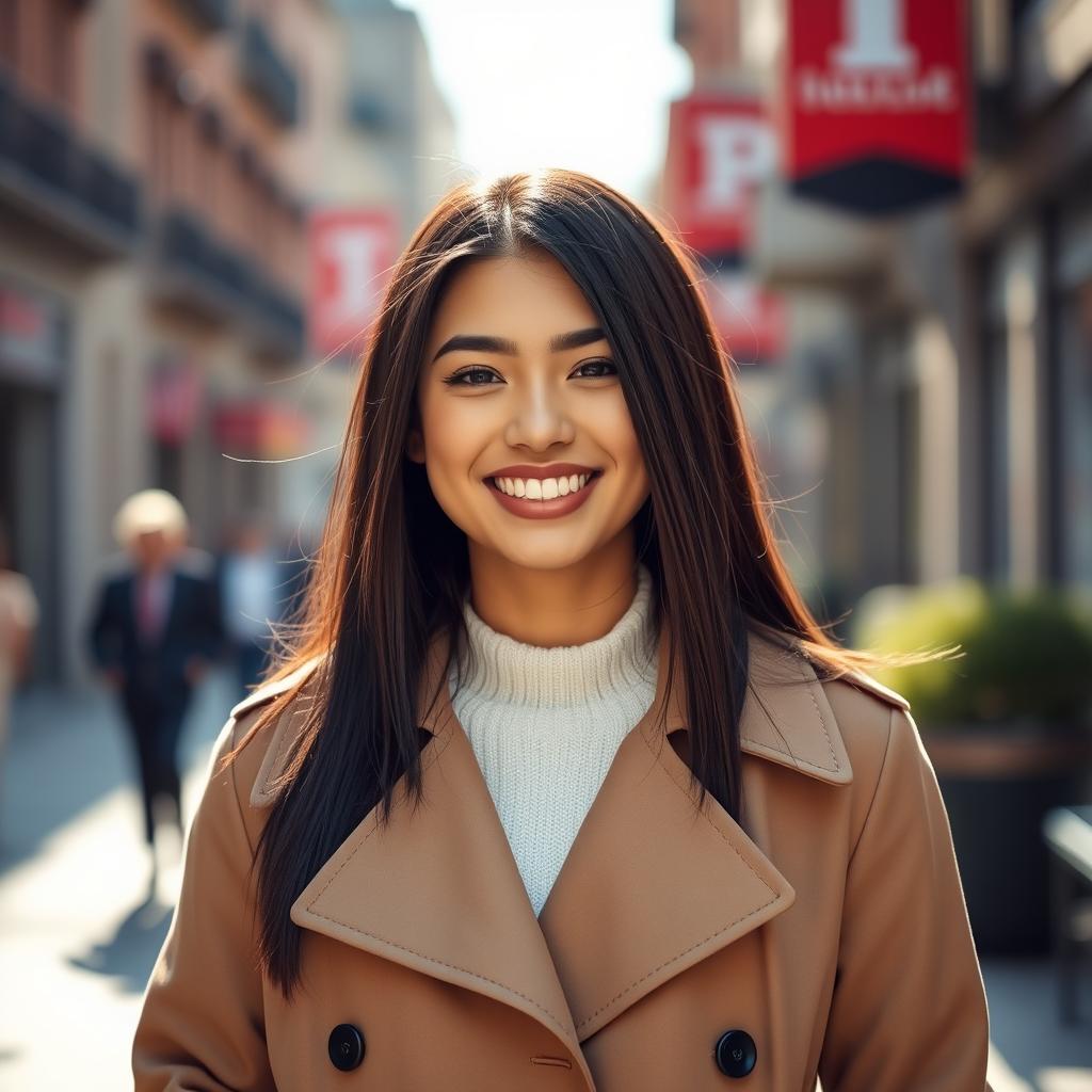 A beautiful 25-year-old woman with straight dark hair wearing a stylish trench coat, smiling brightly