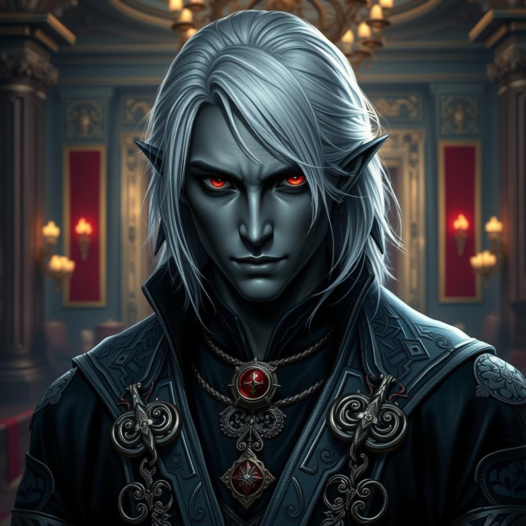 A captivating nobleman who is a drow half-elf, embodying a strikingly handsome appearance