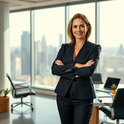 A powerful and confident woman in a modern office setting, wearing a chic business suit, standing with arms crossed, exuding leadership and authority